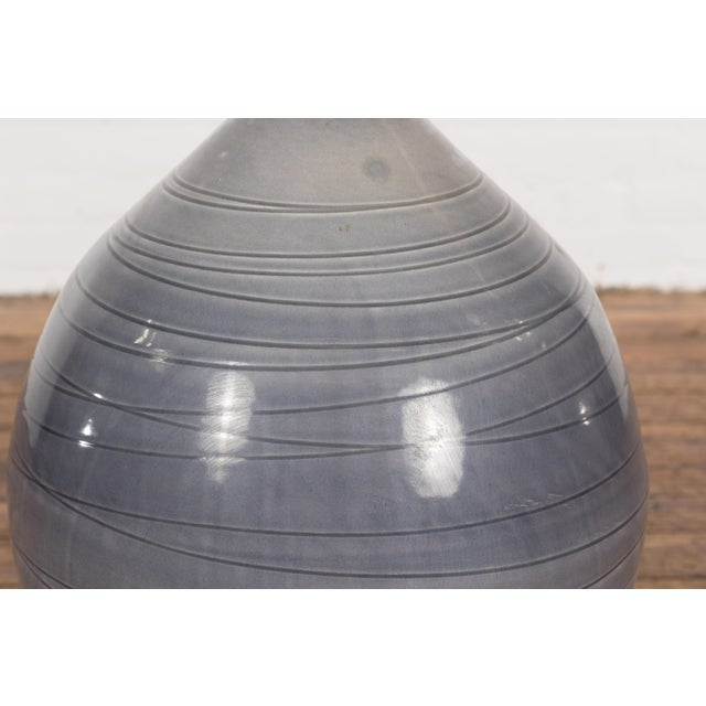 Prem Collection Hand Crafted Artisan Vase with Narrow Mouth and Blue Grey Glaze For Sale In New York - Image 6 of 12