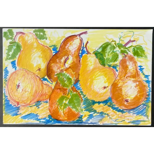 Alexandra Merker (1920-2009) mixed media (thinned acrylic and marker) still life painting of pears on paper. Estate stamp...
