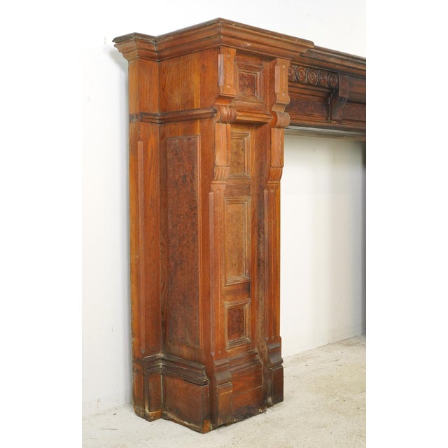 Antique Victorian Burl Veneer Paneled Oak Fireplace Mantel For Sale - Image 4 of 16