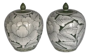 Set of 2 Green Lotus Flower Bombay Ginger Jars - A Pair