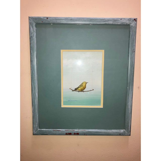 Charming little oil on board painting of what I believe is a golden finch on a bird swing. It is so delicately detailed...