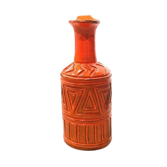 Bitossi Bitossi Orange Mid-Century Modern Sgraffito Geometric Relief Ceramic Jug For Sale - Image 4 of 10