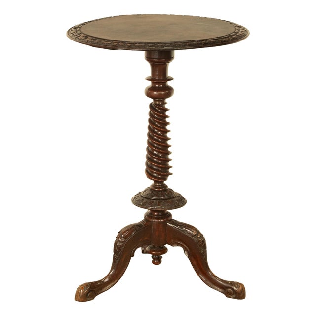 Victorian Antique Irish Carved Burl Walnut Spiral Twist Pedestal Tripod Wine Table 1860 For Sale - Image 3 of 18