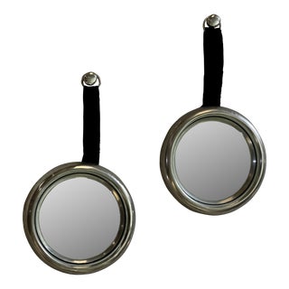 Pair of Small Silver Convex Hanging Mirrors With Black Velvet Hanging Strap & Hardware For Sale
