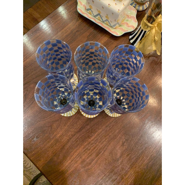 Mackenzie Childs Set of 4 Blue Check Water / Wine Goblets Excellent condition more Available Hallmarked on bottom Height:...