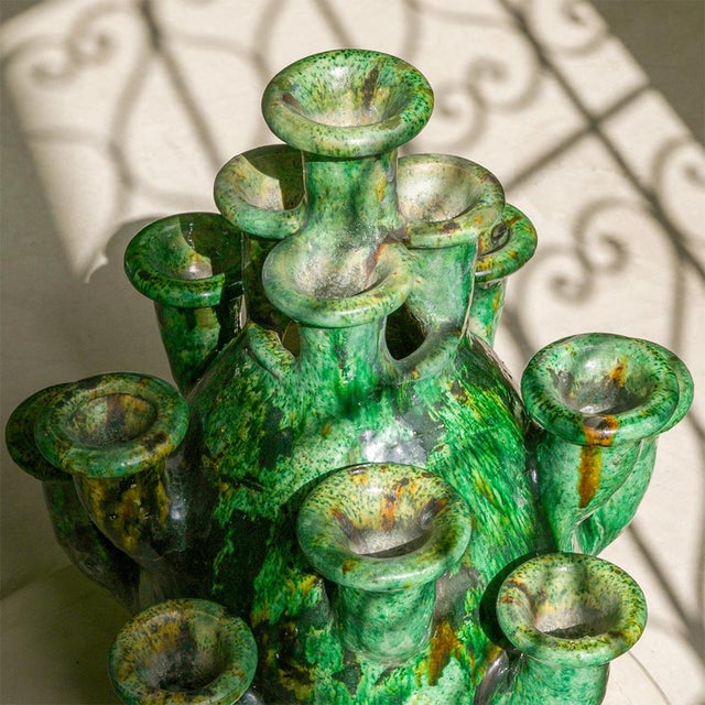 Ceramic Handcrafted Tamegroute Green Glazed Ceramic Candle Holder Sculpture, Multi-Spout Moroccan Art, One-of-a-Kind For Sale - Image 7 of 8