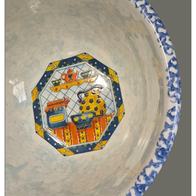 Vintage Large Italian Ceramic Pasta Bread Dough Bowl Blue Spongeware Rim For Sale - Image 4 of 11