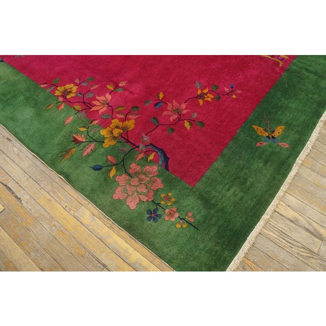 1920s Pink Cerise Floral Vase Antique Chinese Art Deco Carpet 9' X 11' 6'' Knotted Wool Rug For Sale - Image 9 of 12