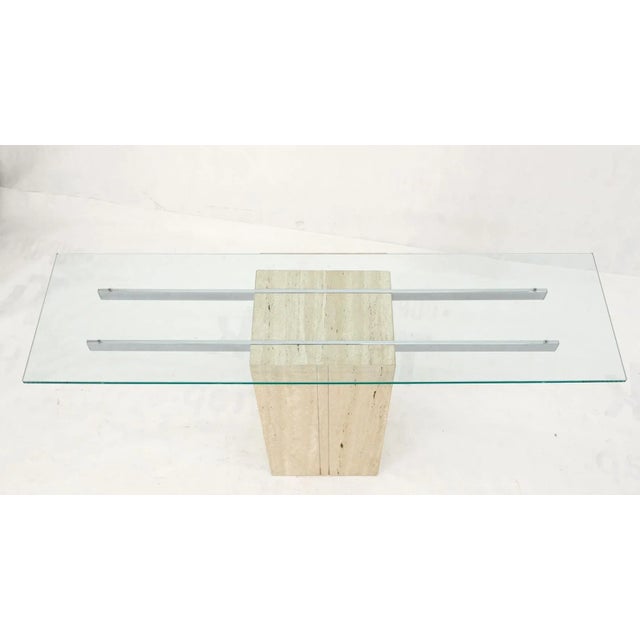 Travertine Pedestal Base Glass Top Console Sofa Hall Table For Sale - Image 9 of 13