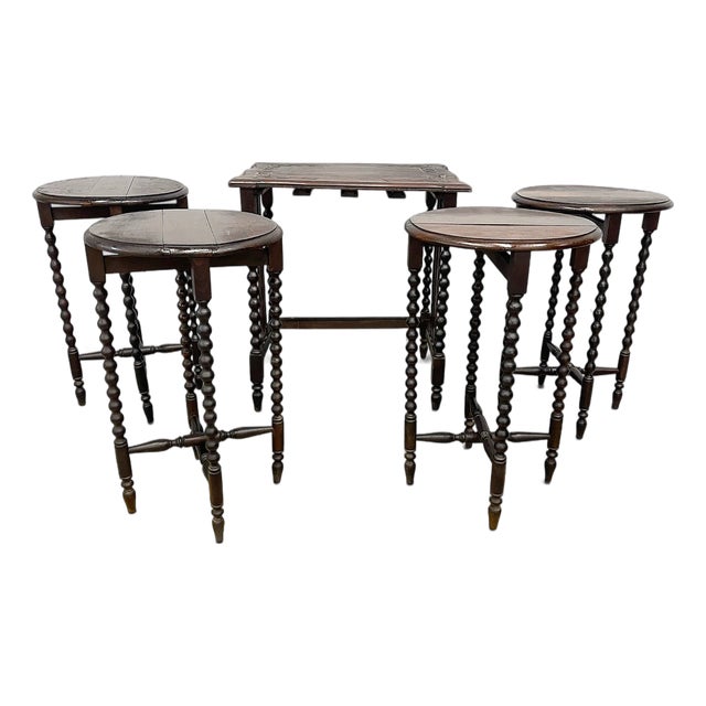 Antique Jacobean Revival Bobbin Nesting Table Suite With Four Folding Side Tables For Sale
