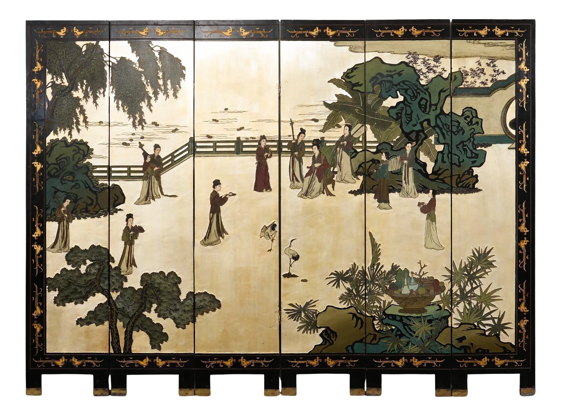 Chinese Export Six Panel Coromandel Screen Gilt Courtyard | Chairish