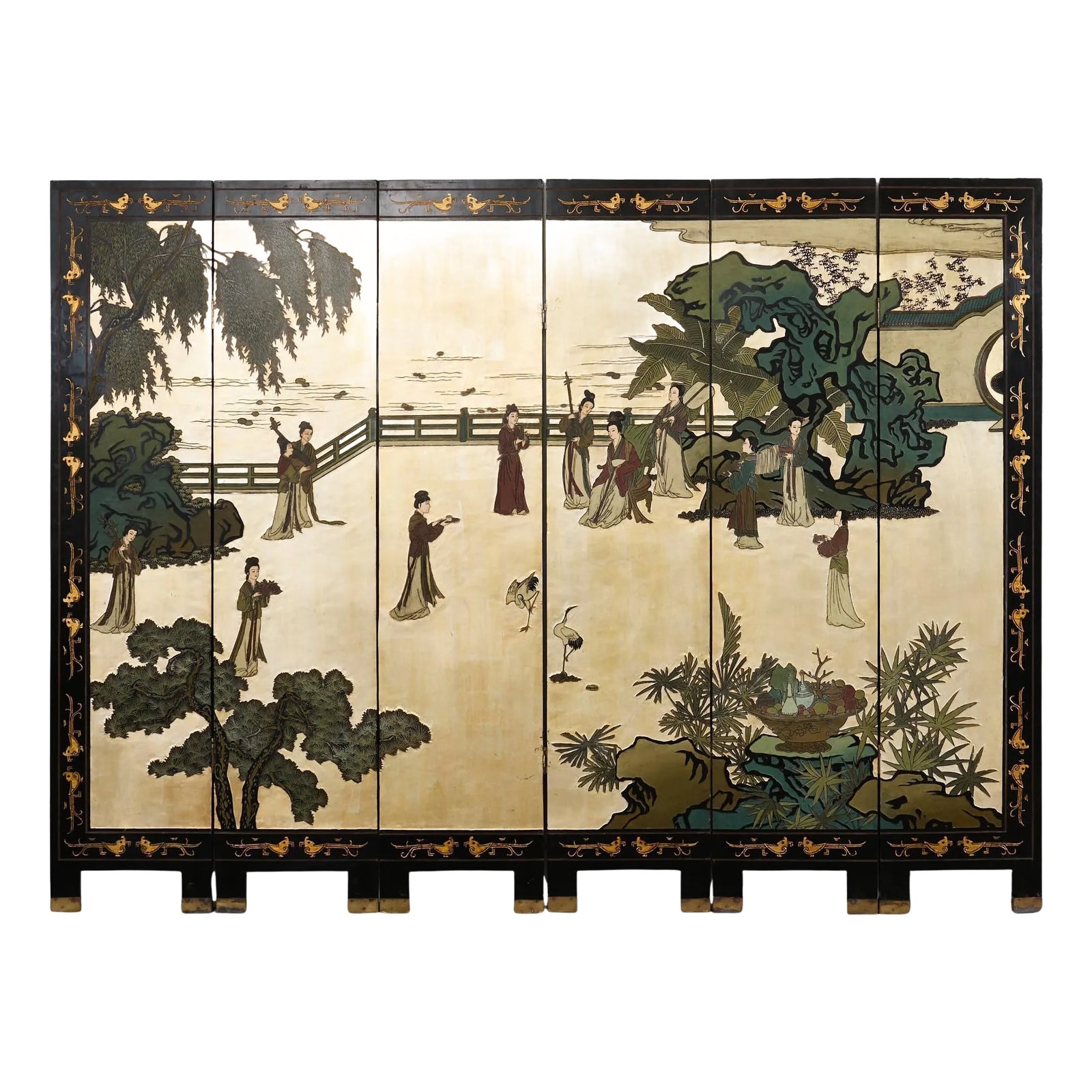 Chinese Export Six Panel Coromandel Screen Gilt Courtyard | Chairish