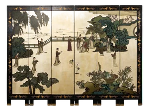 Chinese Export Six Panel Coromandel Screen Gilt Courtyard
