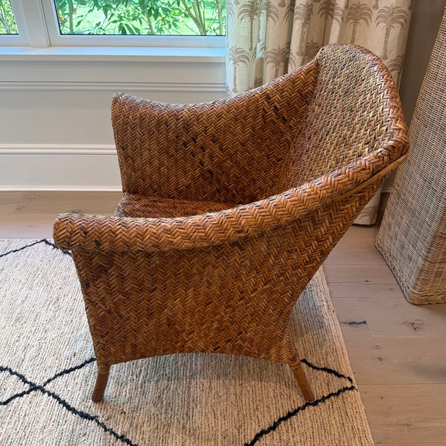 Wood Vintage Philippine Herringbone Woven Rattan Lounge Chair For Sale - Image 7 of 12