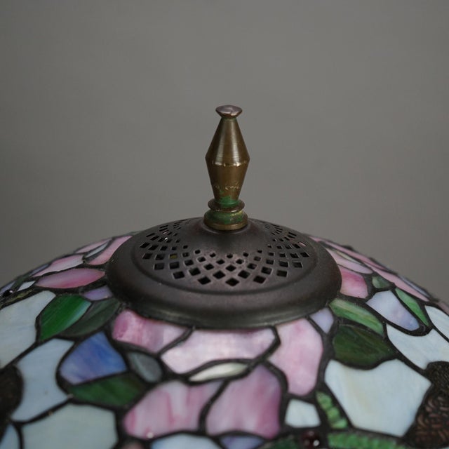 Vintage Tiffany Style Stained Glass Table Lamp with Flower & Butterfly Pattern For Sale - Image 10 of 12