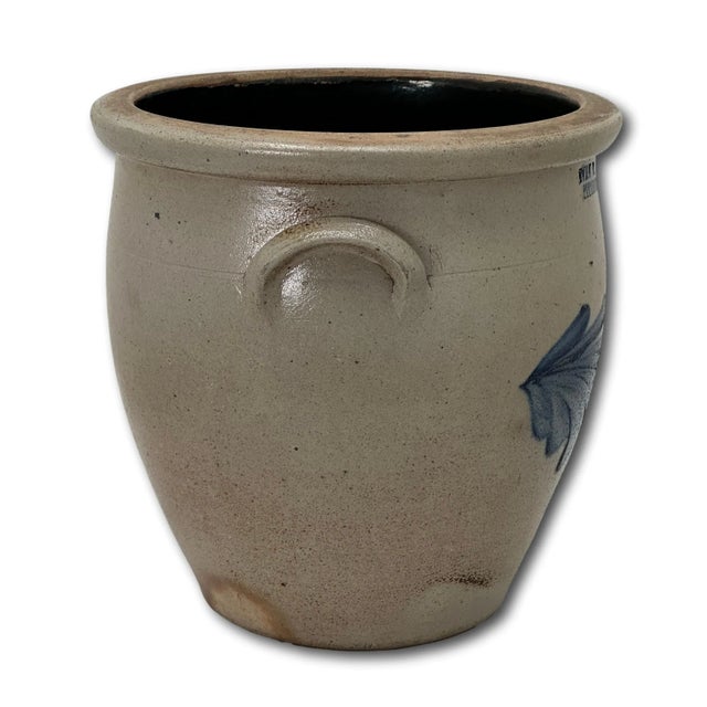Rare Small 1 Gallon Size Antique Evan Jones Pittston Pennsylvania Blue Decorated Stoneware Cream Jar With Handles For Sale - Image 4 of 12