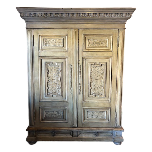 Custom Hand-Carved Taracea Armoire, Solid Wood, European Old-World Style For Sale
