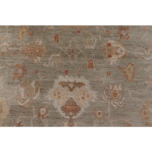 Large Turkish Angora Oushak Rug With Soft Green Field and Rust Accents For Sale - Image 9 of 13