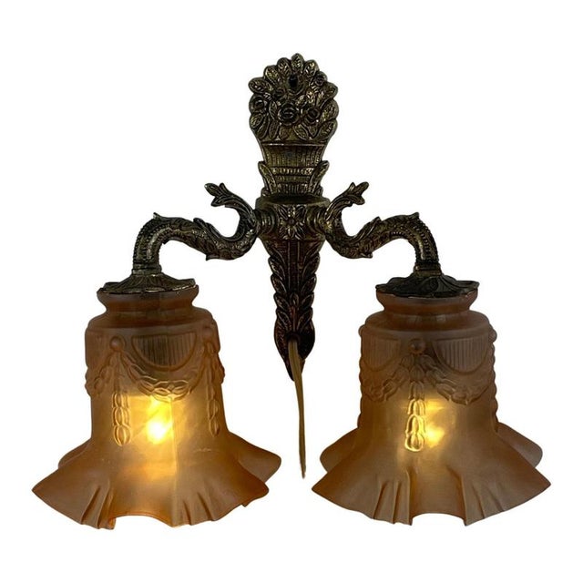 Mid-Century Modern Antique Art Deco Wall-Mounted Lamp with Brass Base and Pink Satin Glass Shades For Sale - Image 3 of 11