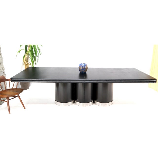 Triple Cylinder Base Lacquered Cloth Wrapped Extra Long Dining Conference Table For Sale - Image 17 of 18