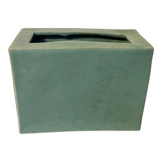 Mid Century Porcelain Blue Green Aqua Monochrome Glaze Pillow Form Flower Brick Block Vase For Sale