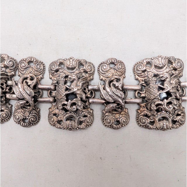 1970s Vintage 1972 Signed Napier Silvertone Coat of Arms Griffin & Sea Serpent Panel Bracelet For Sale - Image 5 of 10