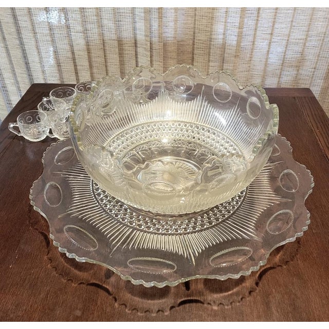 1910 Manhattan American Glass Punch Bowl With Underplate and Cups Set