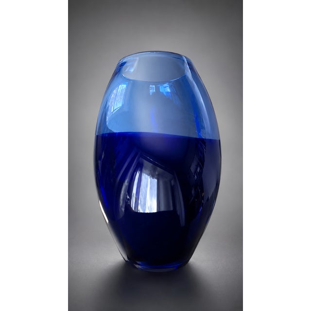 Scandinavian Cobalt Blue Art Glass Vase | Heavy Hand Blown Mid Century Modern Statement Decor 9" For Sale - Image 9 of 9