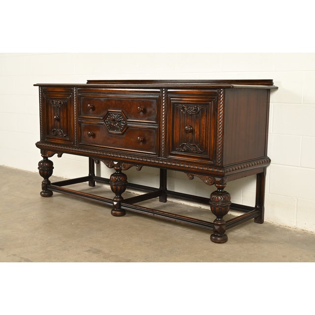 English Berkey & Gay Antique English Jacobean Carved Walnut and Burl Wood Sideboard, Circa 1920s For Sale - Image 3 of 14