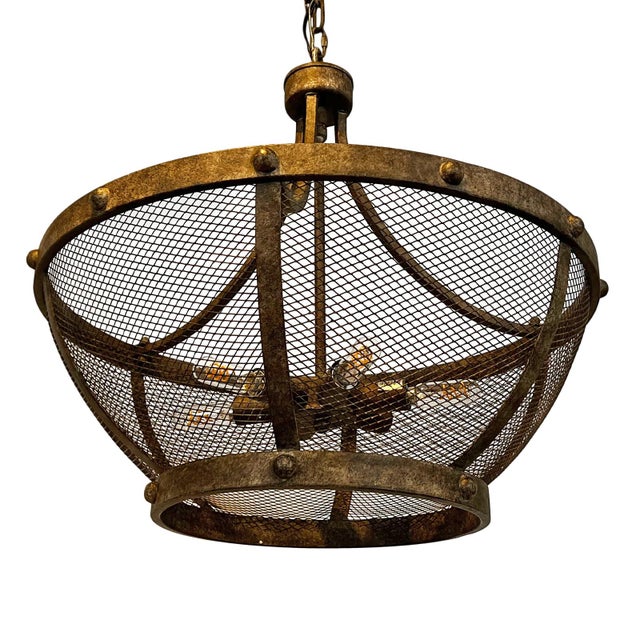 2020s Industrial Spanish Aged Iron Mesh Bowl Chandelier For Sale - Image 5 of 10