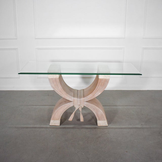 Wood 70's Betty Cobonpue Pencil Reed Ribbon and Tessellated Stone Console Table For Sale - Image 7 of 9