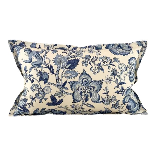 Covington 5th Avenue Designs Blue Cream Botanical Floral Monkey Squirrel Toile Pillow Cover For Sale
