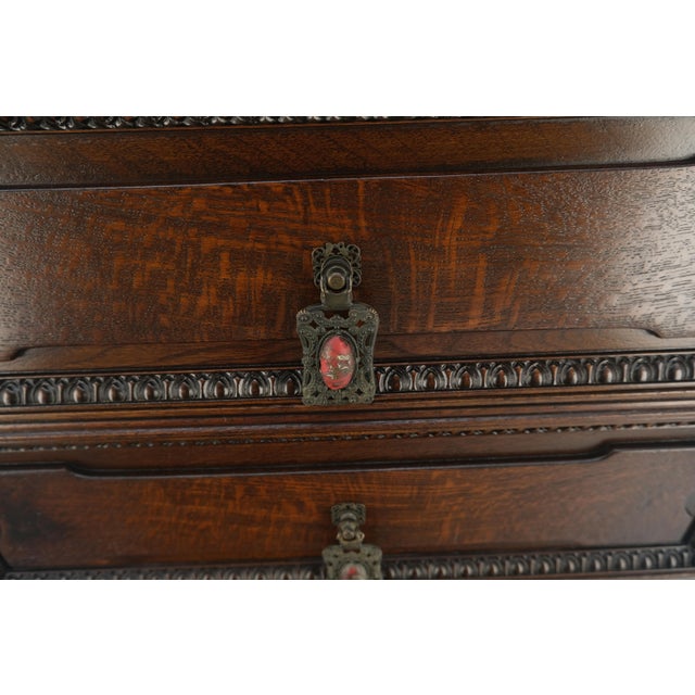 Fine Ornate Carved Oak 5 Drawers Bracket Feet Decorative Chest c1900s MINT For Sale - Image 16 of 18