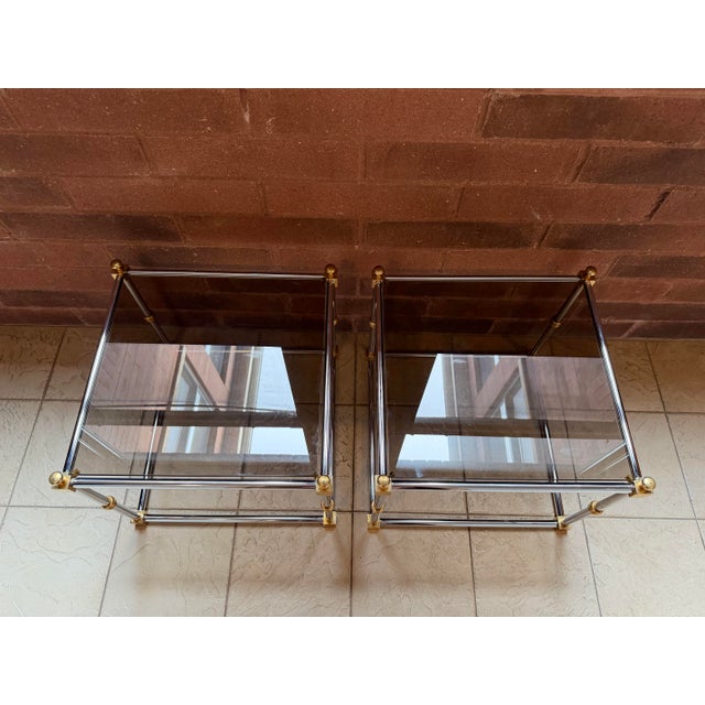 1970s Vintage 1970s Maison Jansen Chrome, Brass & Smoked Glass End Tables, Italian Modern For Sale - Image 5 of 7