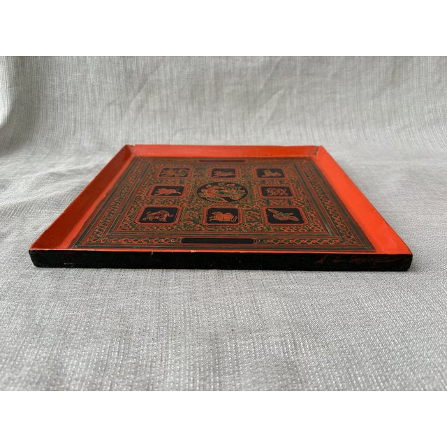 Antique Black Red Burmese Lacquer Zodiac Tray For Sale - Image 11 of 17
