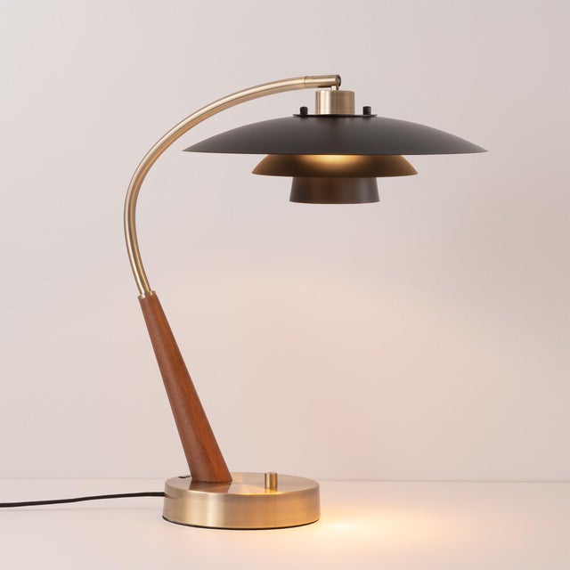 Nova Rancho Mirage Boomerang Table Lamp - Modern Dark Walnut/Weathered Brass, Fleur Matte Black/Gold Shade For Sale - Image 4 of 7