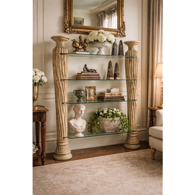 This striking vintage shelving unit features a dramatic architectural design with faux stone fluted columns supporting...