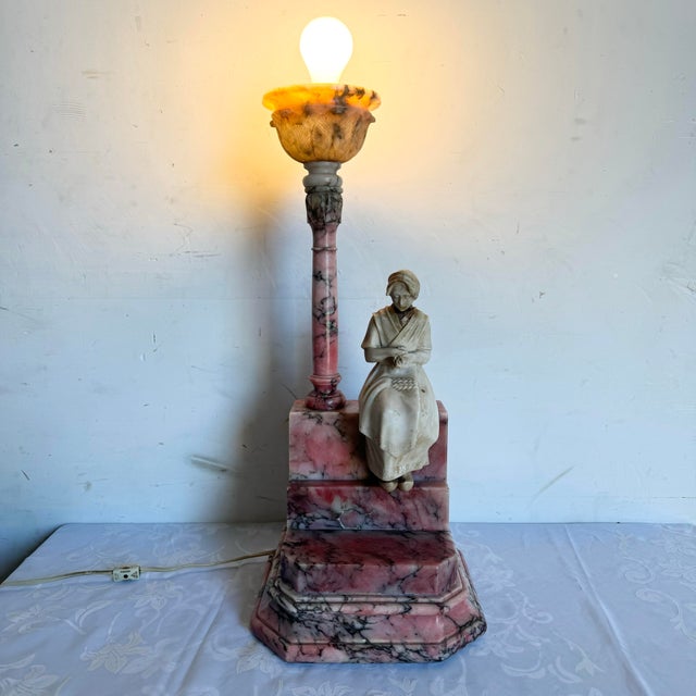 Italian Antique Italian Carved Pink and White Alabaster and Marble Table Lamp For Sale - Image 3 of 12