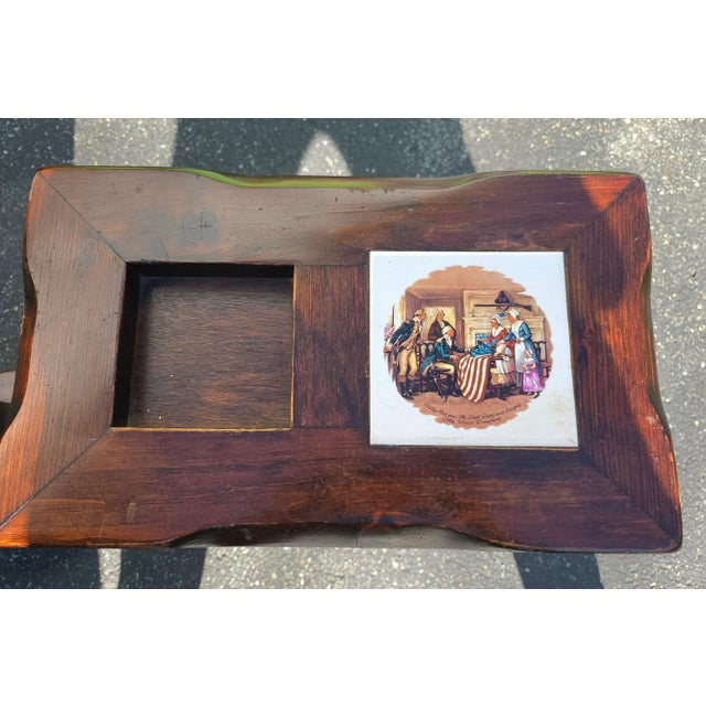 Pair Mid-Century Old Tavern Style Antiqued Pine Two-Tier Side Tables With Decorative Ceramics Inserts For Sale - Image 10 of 11