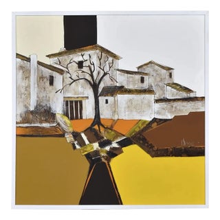 Frank Walcutt 37 Inch Square Mid-Century Modern Surreal Homestead Painting For Sale