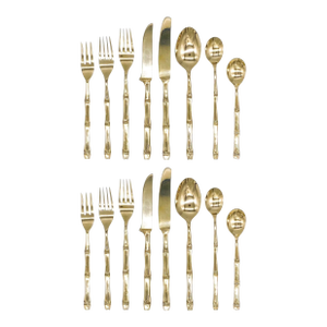 20th C Hollywood Regency Bronze Faux Bamboo Utensil Place Settings for Two - 16 Pieces Cutlery