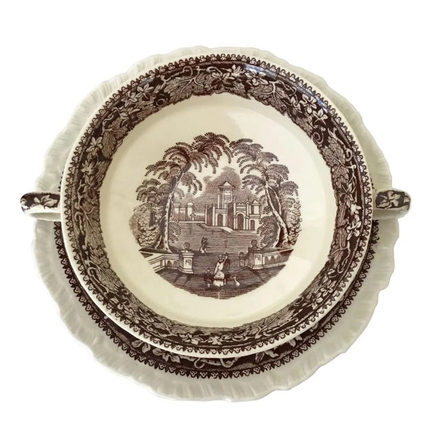 1940s Mason’s Vista Pattern Double Handled Soup Bowls With Saucers- 16 Pieces For Sale - Image 4 of 10