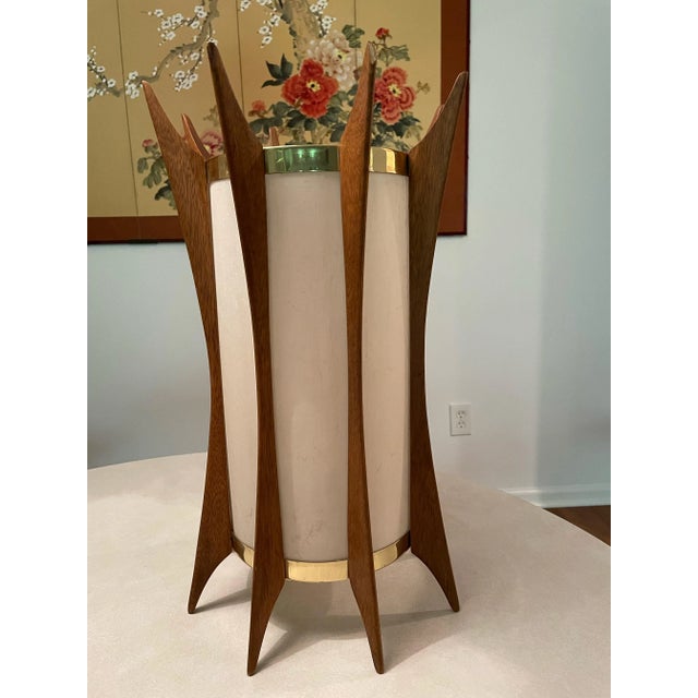 Mid-Century Modern Mid-Century Modern Teak & Brass Swag Pendant Lamp in the Style of Adrian Pearsall For Sale - Image 3 of 13