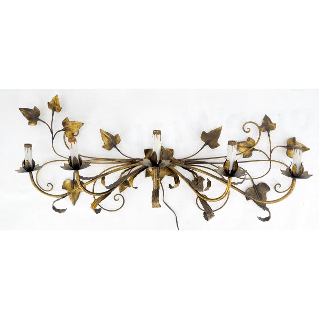 1970s Gilt Metal Grape Leaf 5 Candles Style Decorative Sconce Wall Light Fixture Italy For Sale - Image 5 of 11