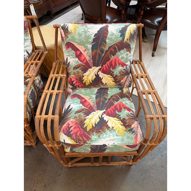 Copper Pair of Mid-Century Rattan Lounge Chairs With Tropical Botanical Upholstery For Sale - Image 8 of 11