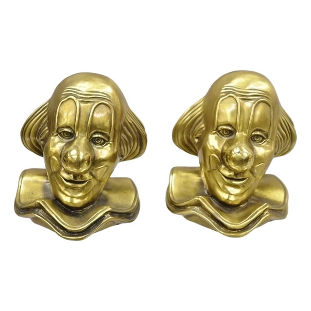 Vintage Pm Craftsman Art Deco Brass Figural Clown Head Bookends - A Pair For Sale