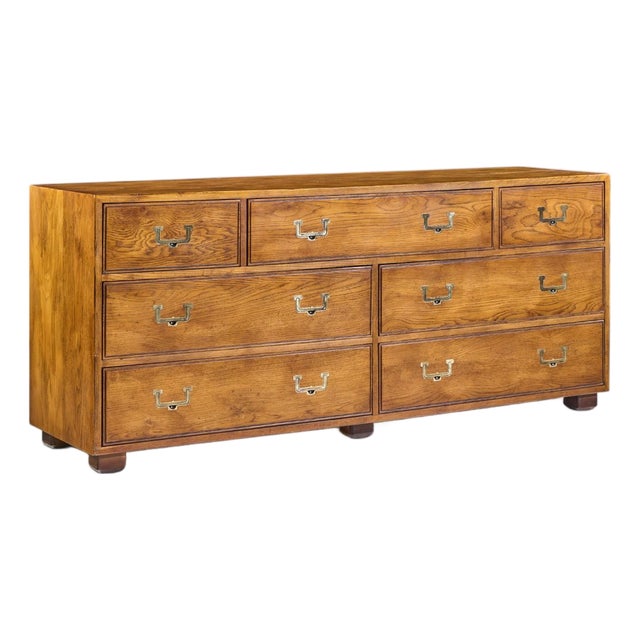 Henredon Campaign Mid Century Oak and Brass Lowboy Dresser For Sale