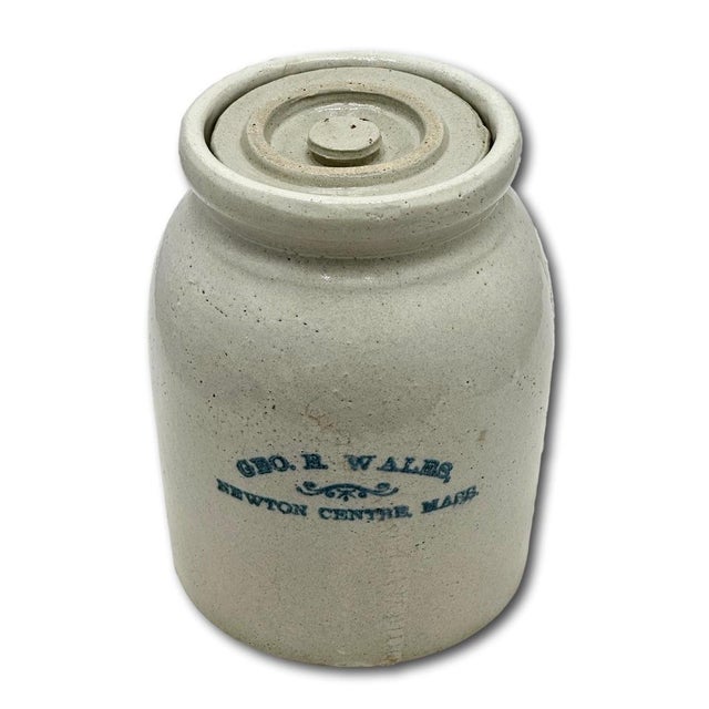 Antique Massachusetts 1 Quart Size Stoneware Oyster Crock - Jar With Hard to Find Original Lid - Circa 1890s For Sale In Boston - Image 6 of 18