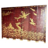 Chinese Hand Painted Gold a Red Crackle Finished 2 Sides Room Divider - 6 Panels For Sale