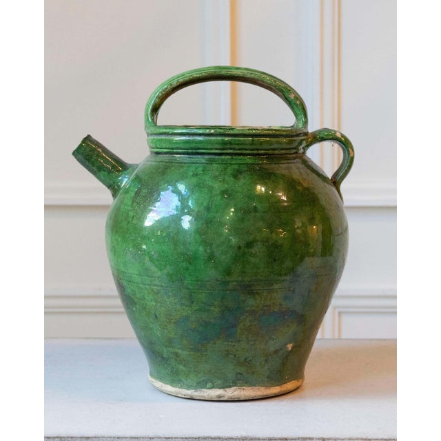 Traditional Green-Glazed Terracotta Jug, Late 19th–Early 20th Century For Sale - Image 3 of 10